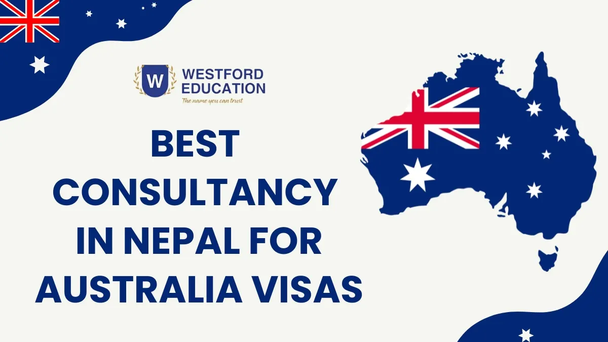 Banner promoting the best consultancy in Nepal for Australia visas, featuring the Australian flag and map of Australia.
