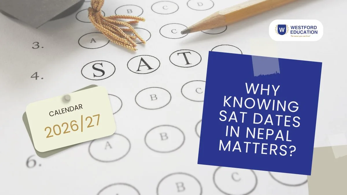 SAT answer sheet with graduation cap, pencil, and 2026–27 calendar graphic beside the text 'Why Knowing SAT Dates in Nepal Matters?