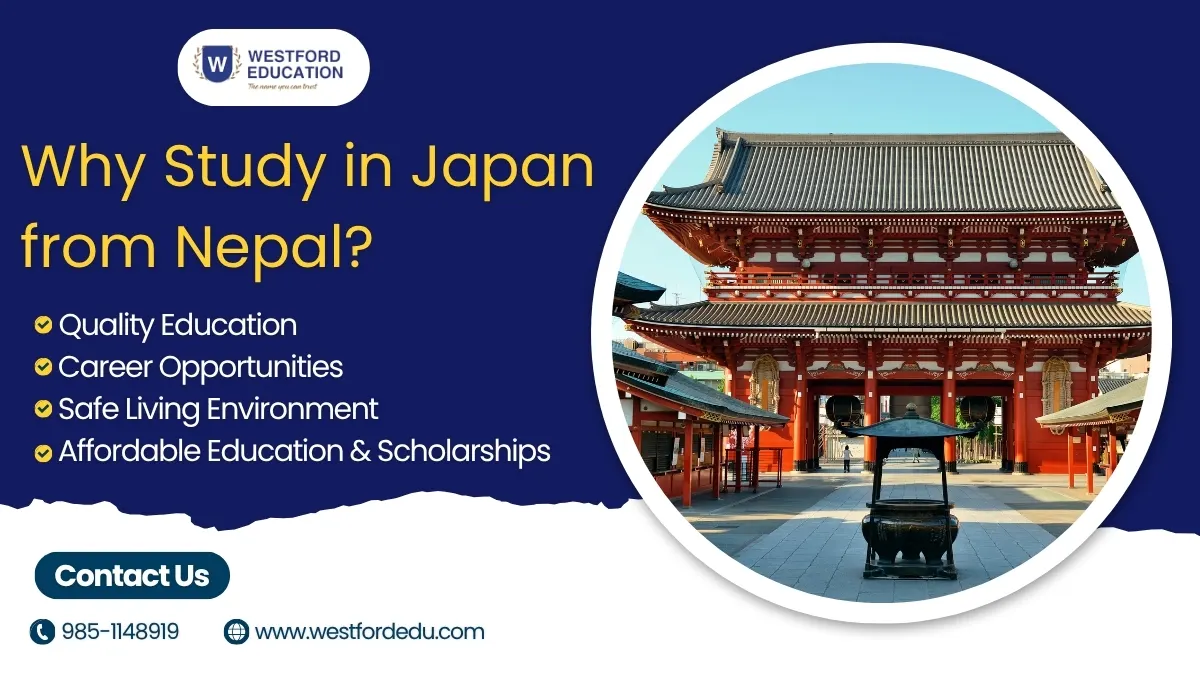 Westford Education graphic explaining why to study in Japan from Nepal, highlighting quality education, career opportunities, safe living, and scholarships.