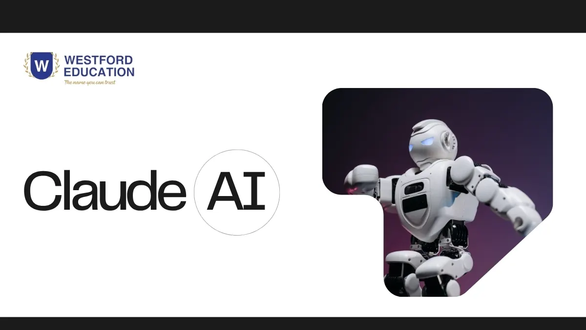 Westford Education graphic featuring Claude AI and a humanoid robot