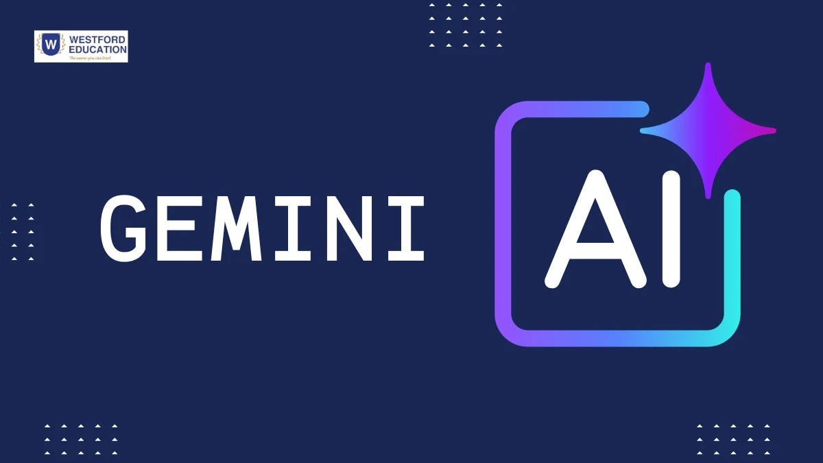 Gemini AI graphic with a colorful AI icon on a dark blue background