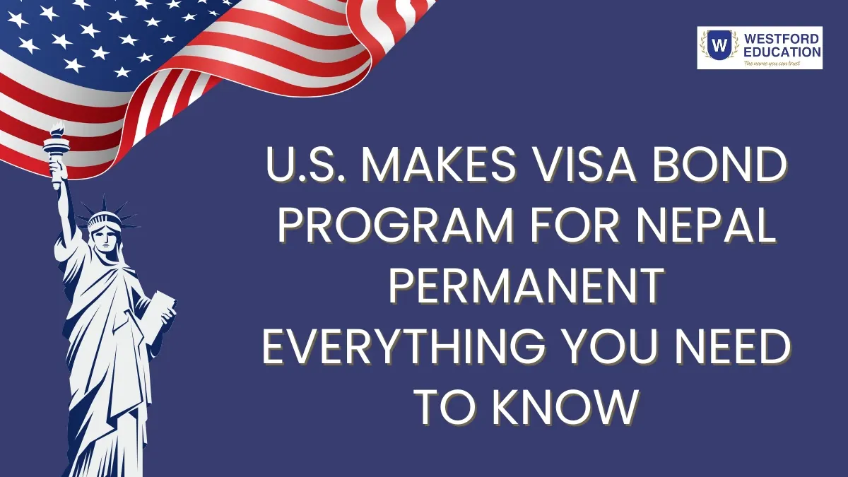 Featured image about the U.S. visa bond program for Nepal becoming permanent, with the Statue of Liberty and the American flag.